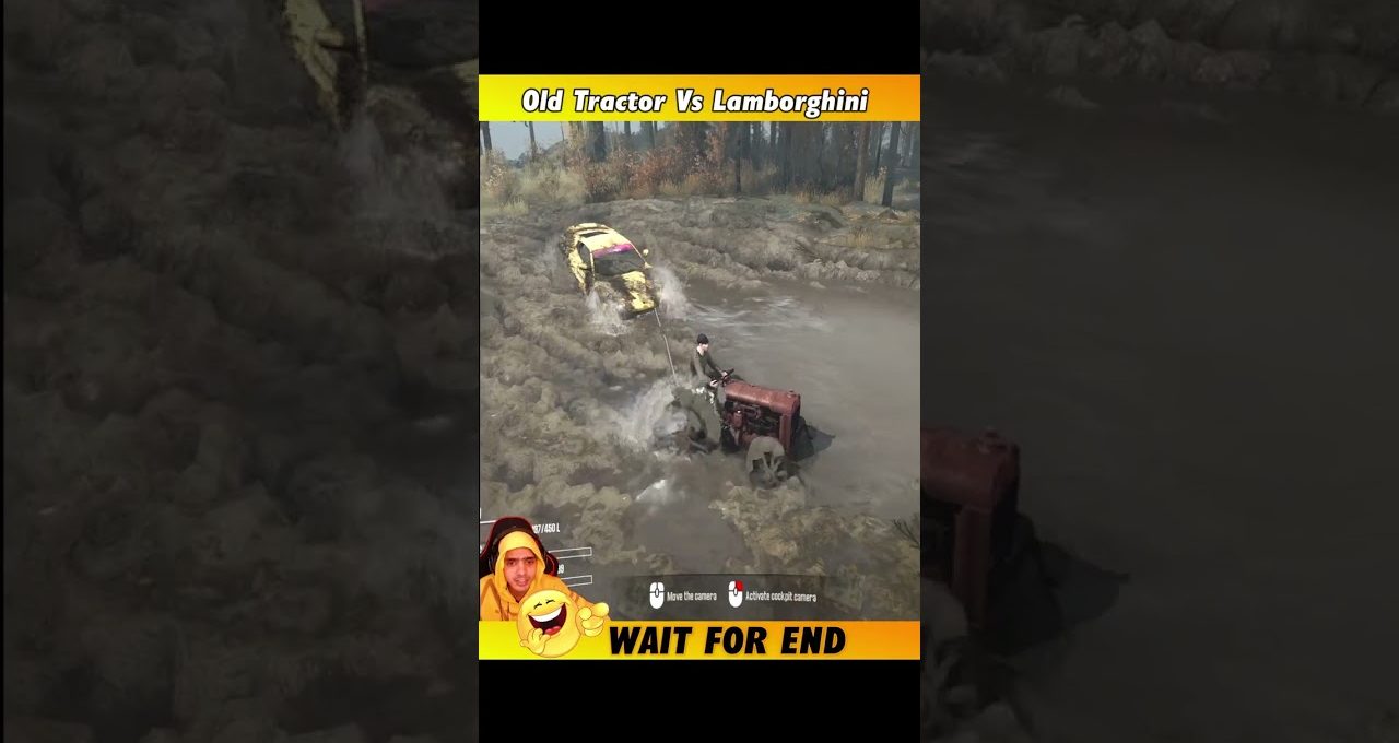 Rusty tractor towing a muddy yellow Lamborghini through deep swamp in a video clip