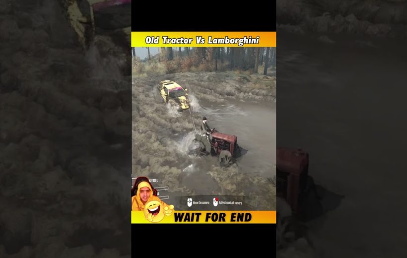 Rusty tractor towing a muddy yellow Lamborghini through deep swamp in a video clip