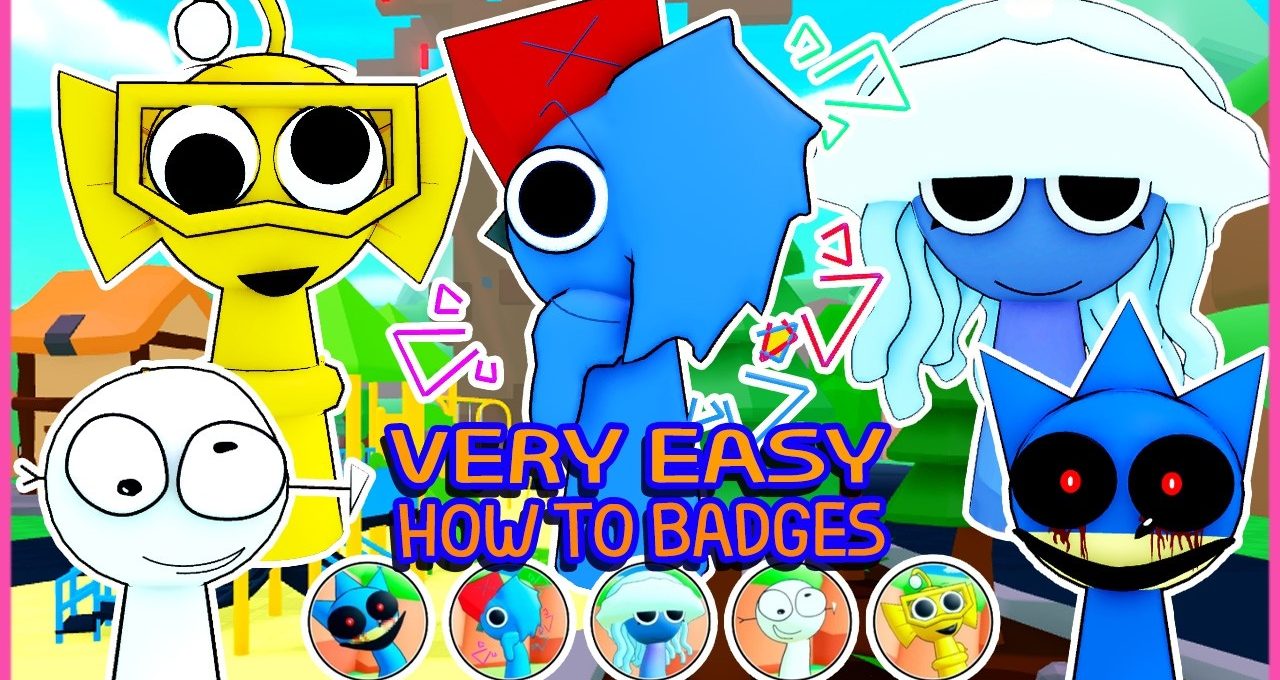 Colorful cartoon characters and badges with text "Very Easy How To Badges" tutorial.