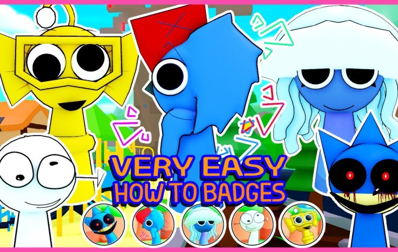 Colorful cartoon characters and badges with text "Very Easy How To Badges" tutorial.