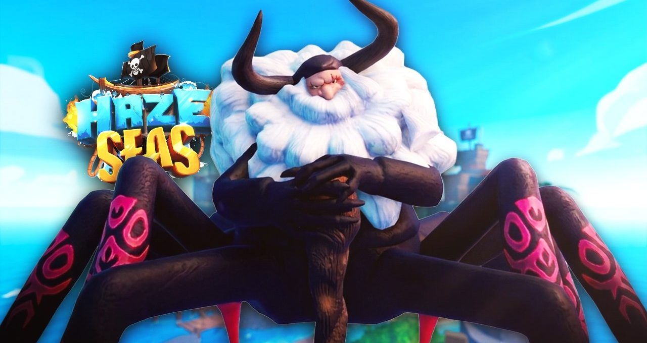 Large horned, bearded giant with spider-like legs looming over bright ocean islands.