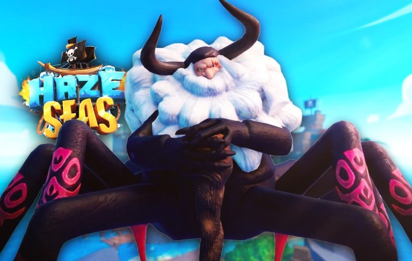 Large horned, bearded giant with spider-like legs looming over bright ocean islands.