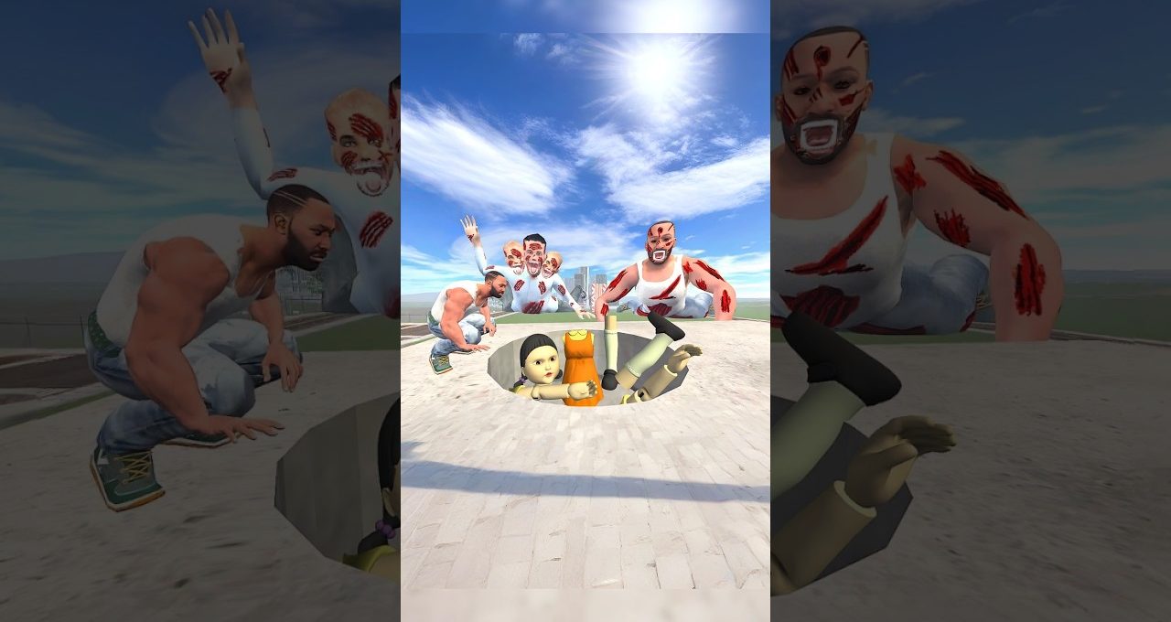 Cartoon characters surrounding a hole as a frightened doll and toy fall inside