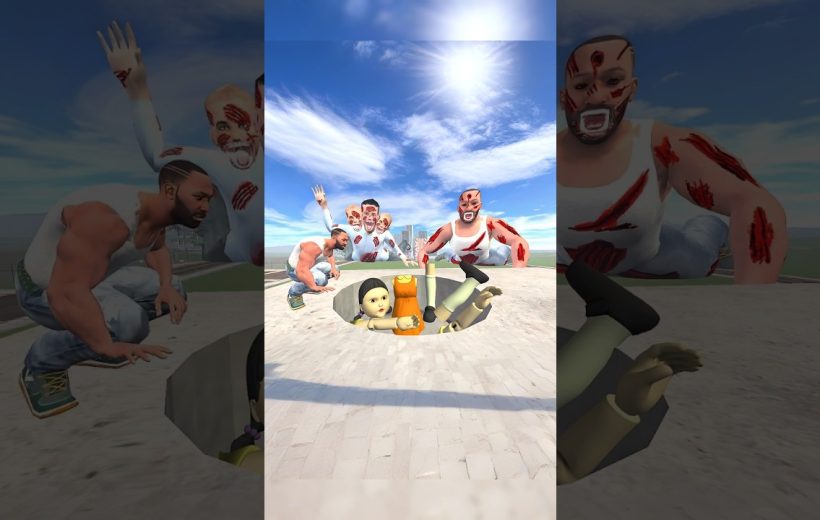 Cartoon characters surrounding a hole as a frightened doll and toy fall inside