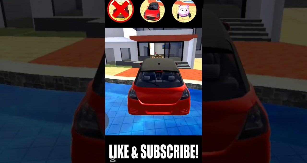 Red hatchback floating in a pool in front of a modern house, game scene