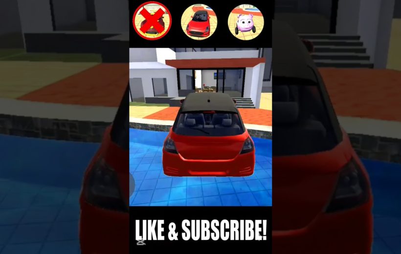 Red hatchback floating in a pool in front of a modern house, game scene