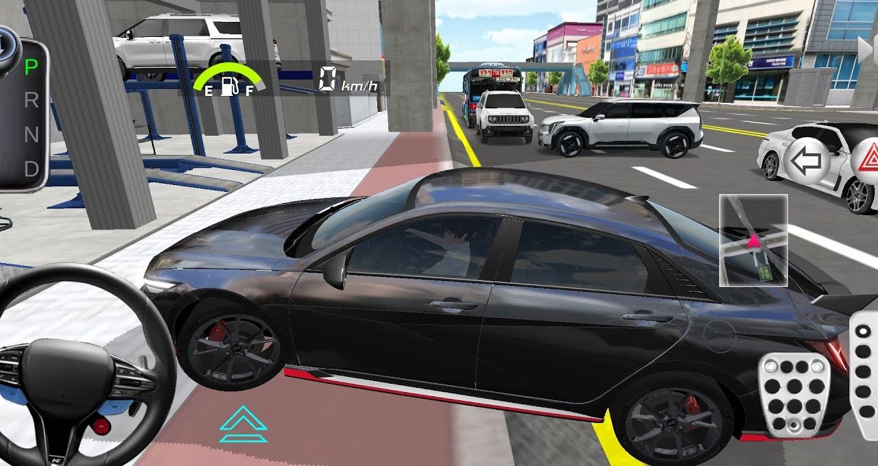 Black sedan angled onto curb beside busy city street with traffic and storefronts visible