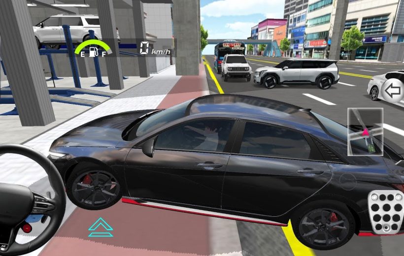 Black sedan angled onto curb beside busy city street with traffic and storefronts visible
