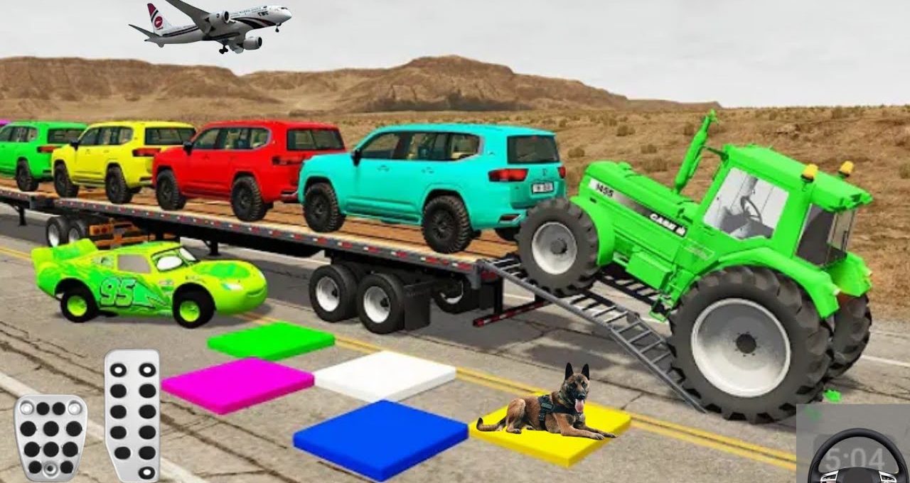 Bright green tractor loading colorful SUVs onto flatbed trailer on desert road with dog