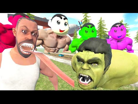 Cartoonish muscular Hulk-like characters and a screaming man with exaggerated tongue in park