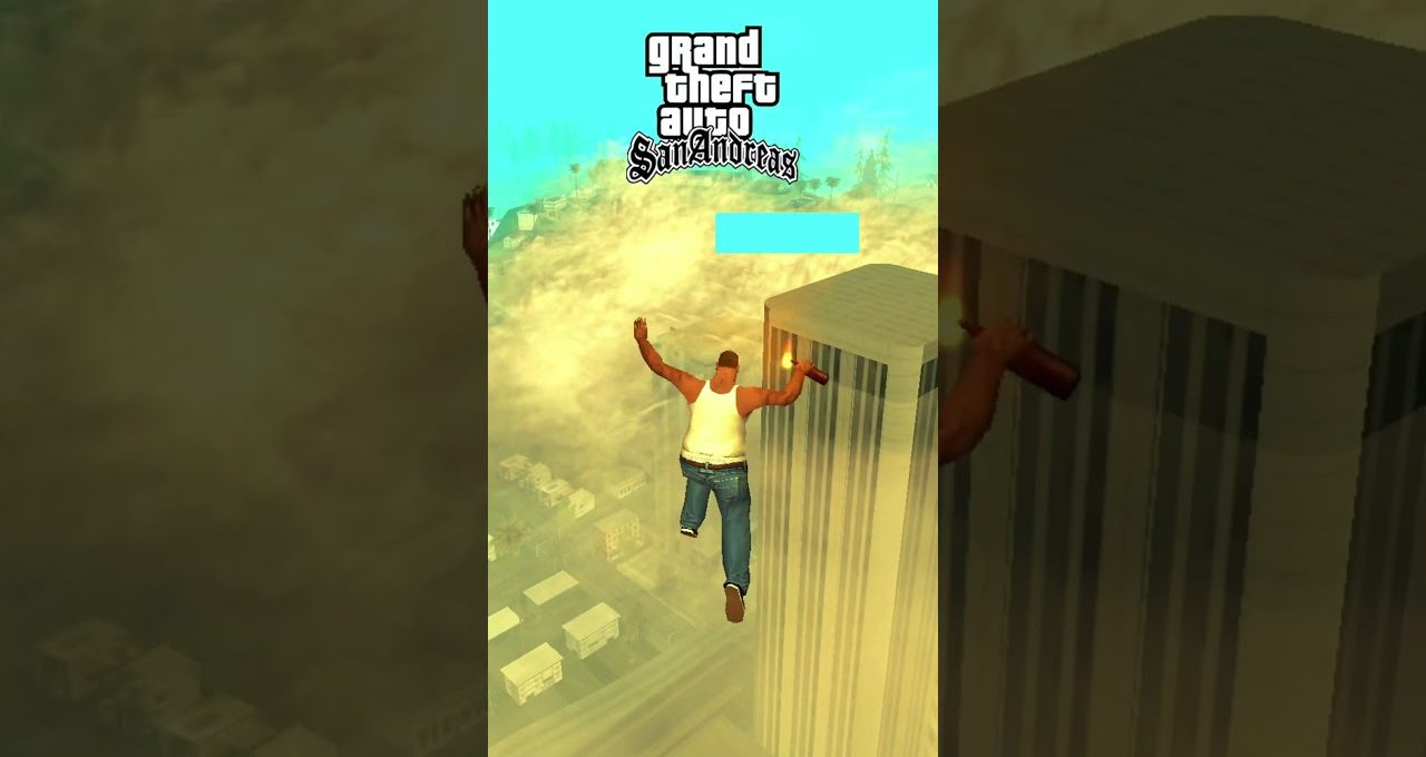 Character from Grand Theft Auto San Andreas parachuting past skyscraper over cityscape at sunrise
