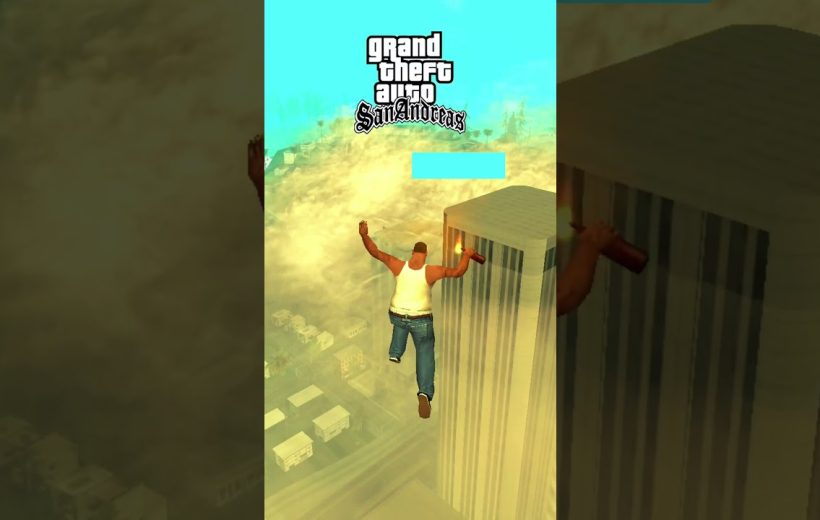 Character from Grand Theft Auto San Andreas parachuting past skyscraper over cityscape at sunrise