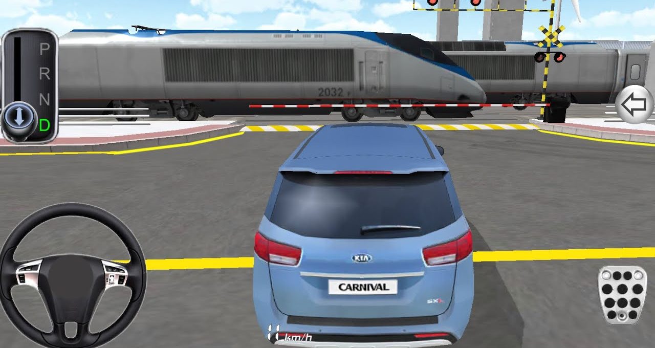 Blue Kia Carnival stopped at a railroad crossing as a train passes by.