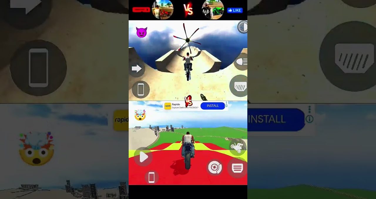 Split-screen mobile game showing two players riding motorcycles on stunt tracks.