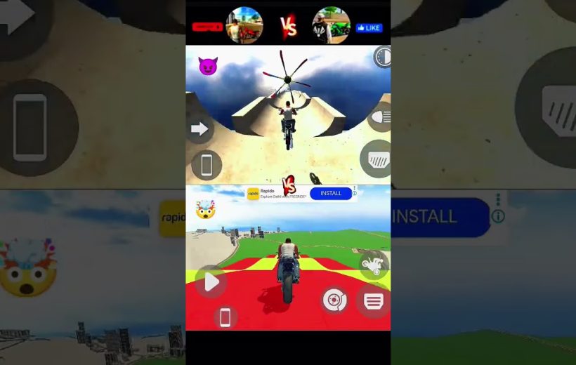 Split-screen mobile game showing two players riding motorcycles on stunt tracks.