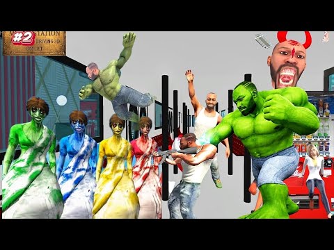 Green Hulk-like characters and painted mannequins clashing amid chaotic arcade and street scene