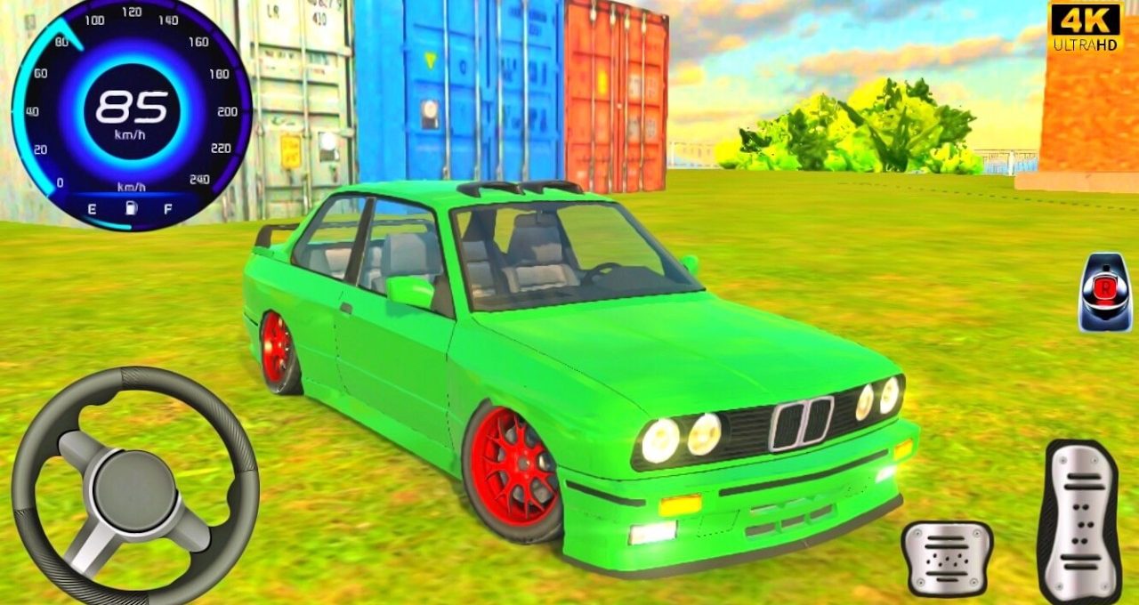 Bright green lowered sports car with red wheels parked on grass in driving game