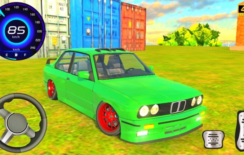Bright green lowered sports car with red wheels parked on grass in driving game