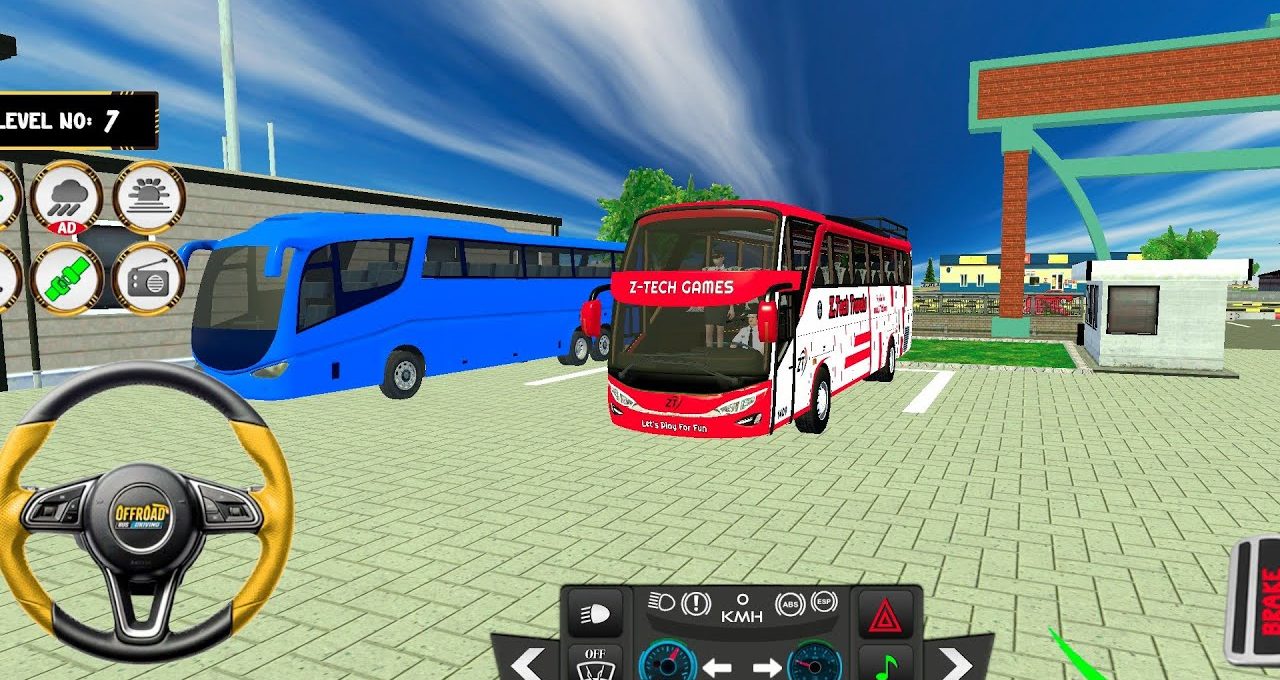 Bus parking lot scene with red and blue coaches and driver dashboard controls