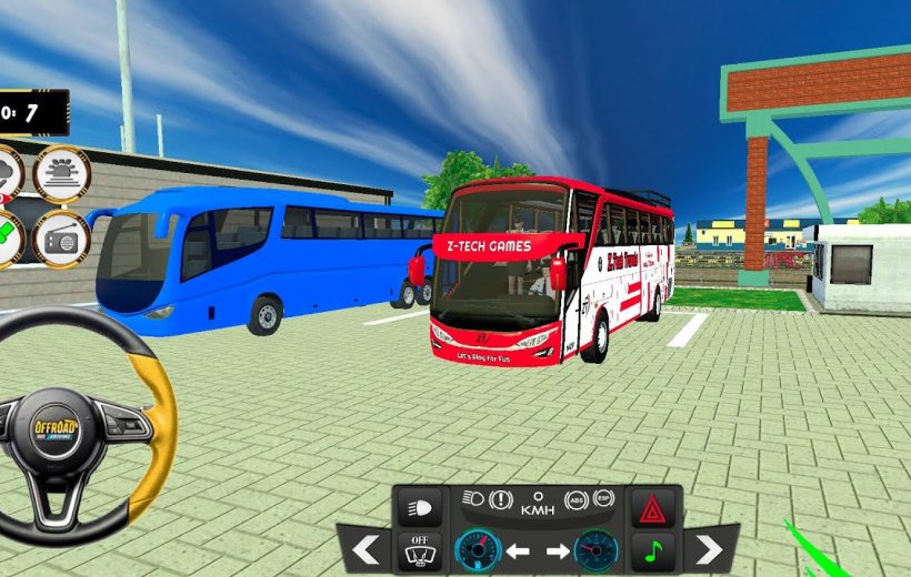 Bus parking lot scene with red and blue coaches and driver dashboard controls