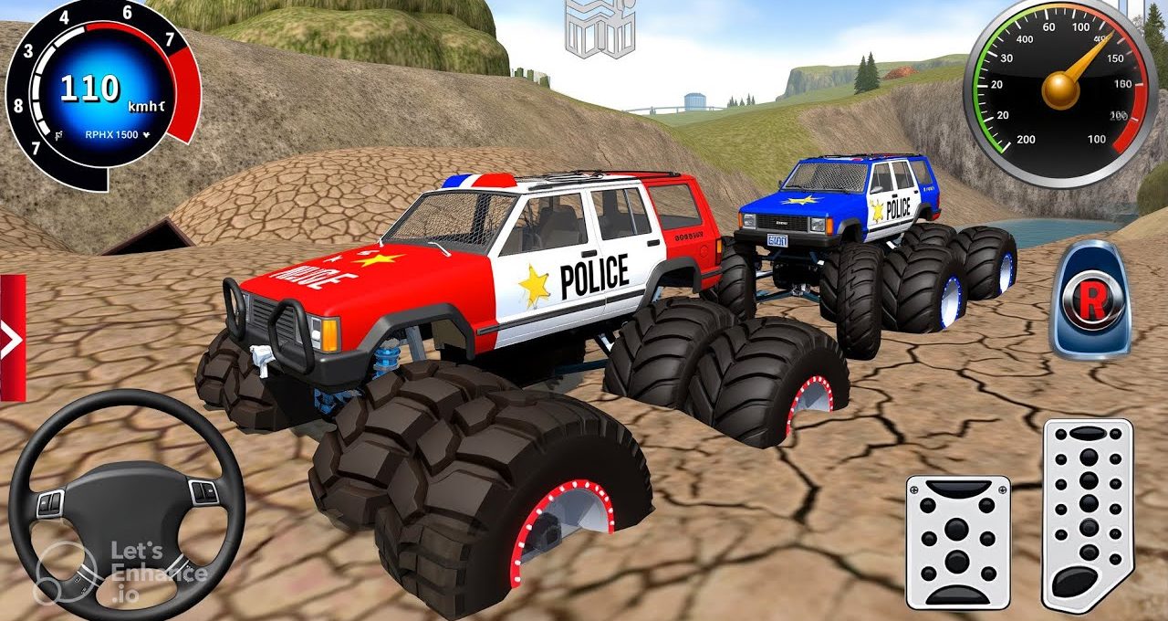 Two oversized police monster trucks driving on cracked desert terrain with dashboards visible