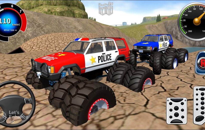 Two oversized police monster trucks driving on cracked desert terrain with dashboards visible