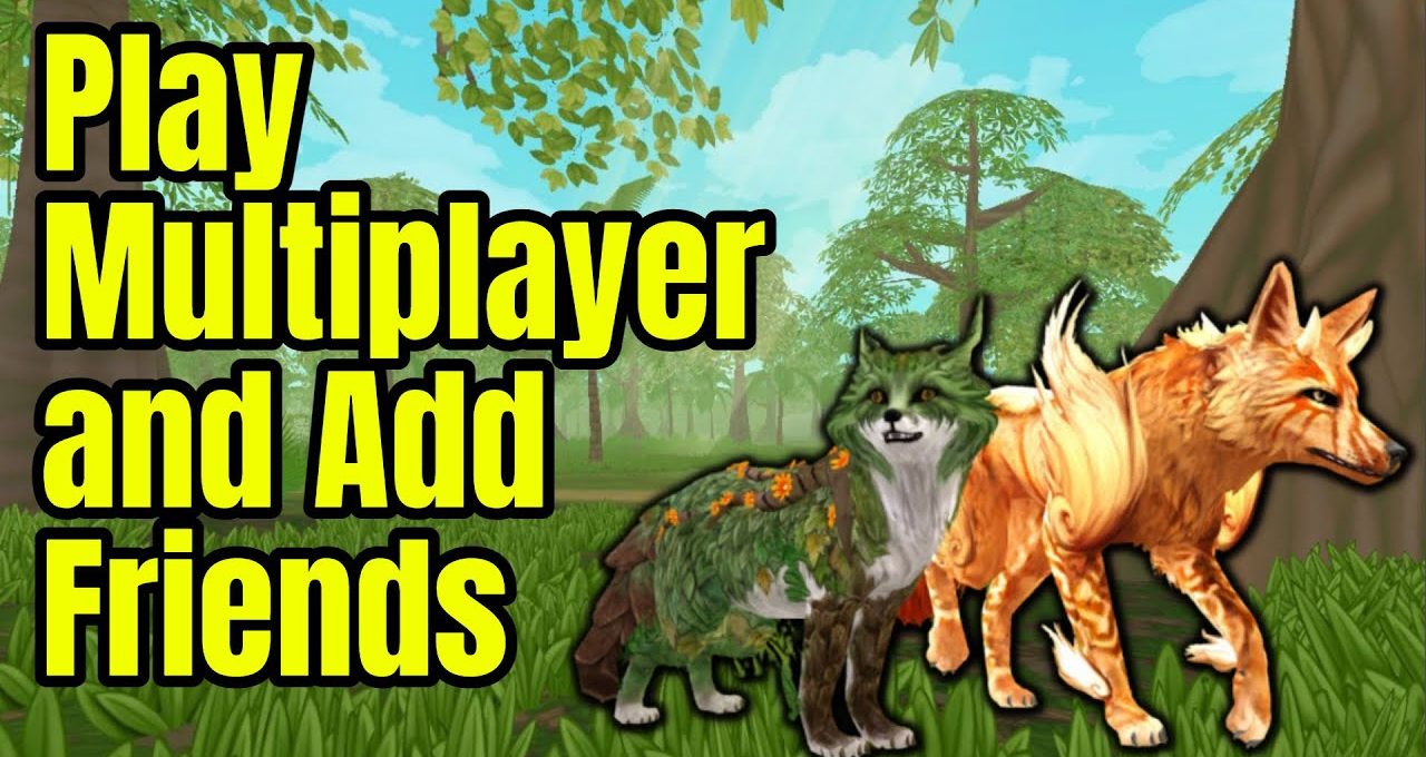 Two stylized wolves in a forest with bold "Play Multiplayer and Add Friends" text