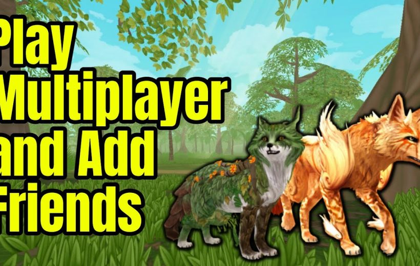 Two stylized wolves in a forest with bold "Play Multiplayer and Add Friends" text