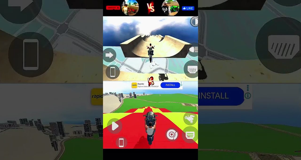 Split-screen mobile game showing two motorcycle riders performing stunts on colorful ramps