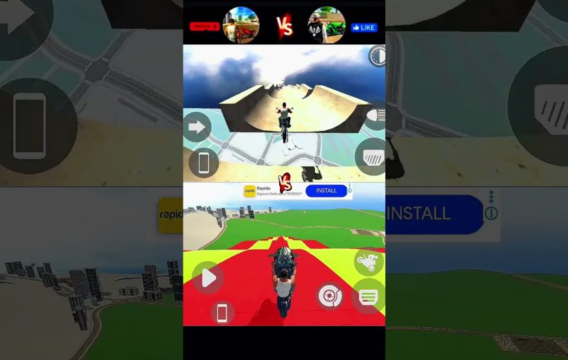 Split-screen mobile game showing two motorcycle riders performing stunts on colorful ramps