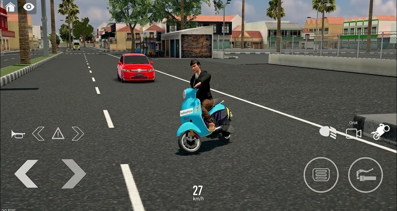 Man riding a blue scooter on city street with red car behind him.