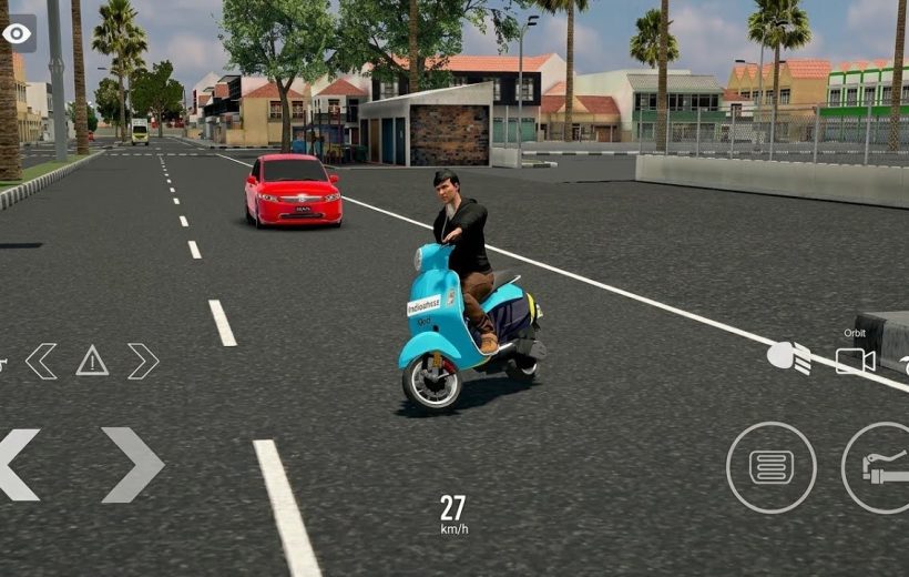 Man riding a blue scooter on city street with red car behind him.