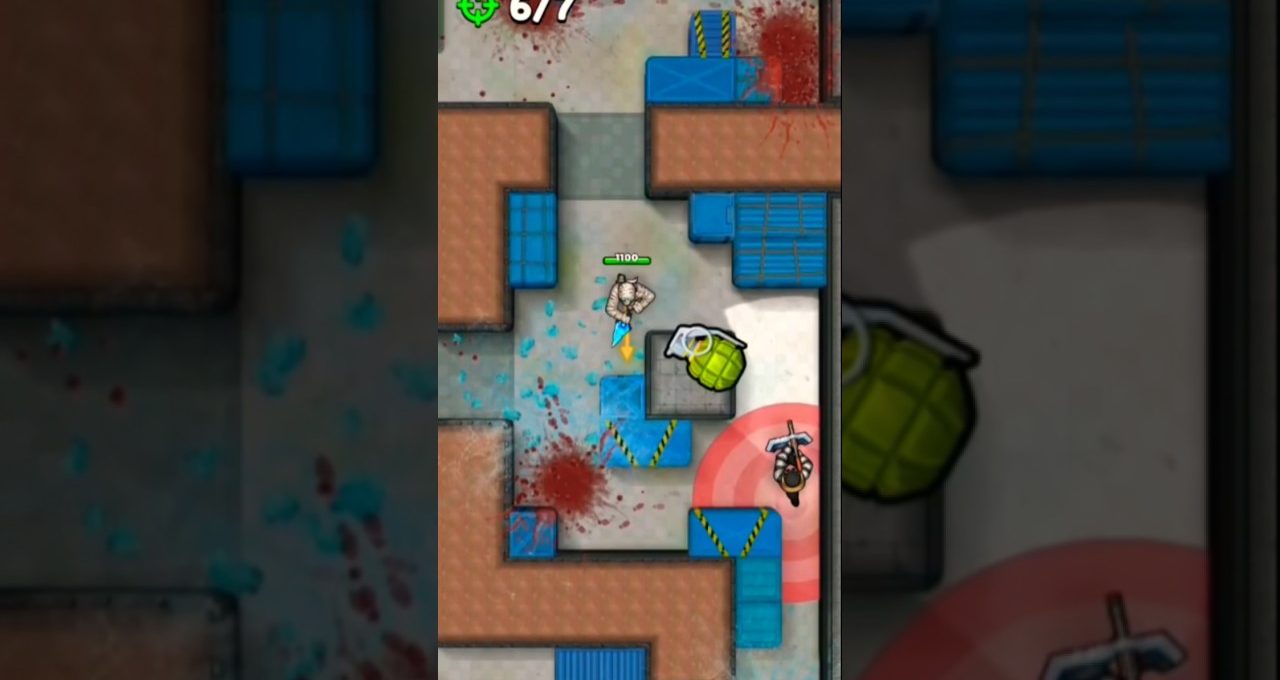 Top-down shooter game scene showing a player, grenade, blood splatters, and corridors.