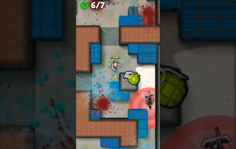 Top-down shooter game scene showing a player, grenade, blood splatters, and corridors.