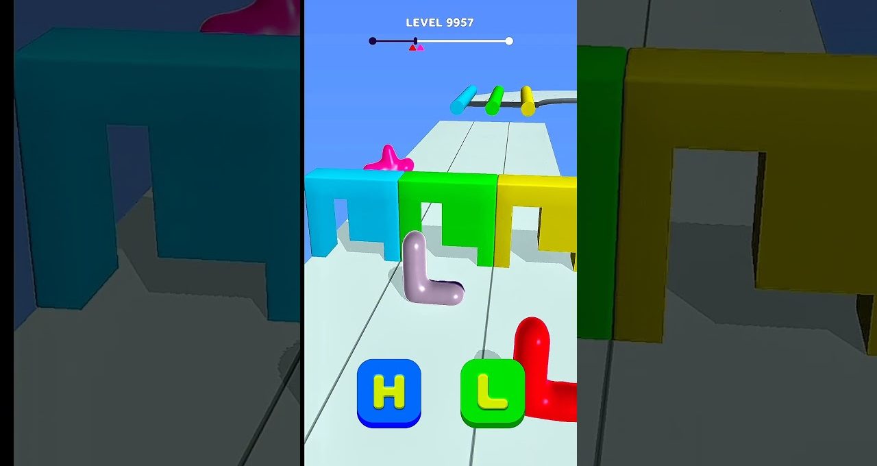 Colorful mobile game level showing L-shaped blobs navigating through matching colored gates.