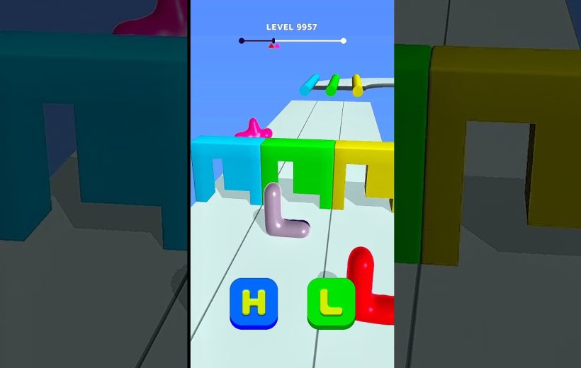 Colorful mobile game level showing L-shaped blobs navigating through matching colored gates.
