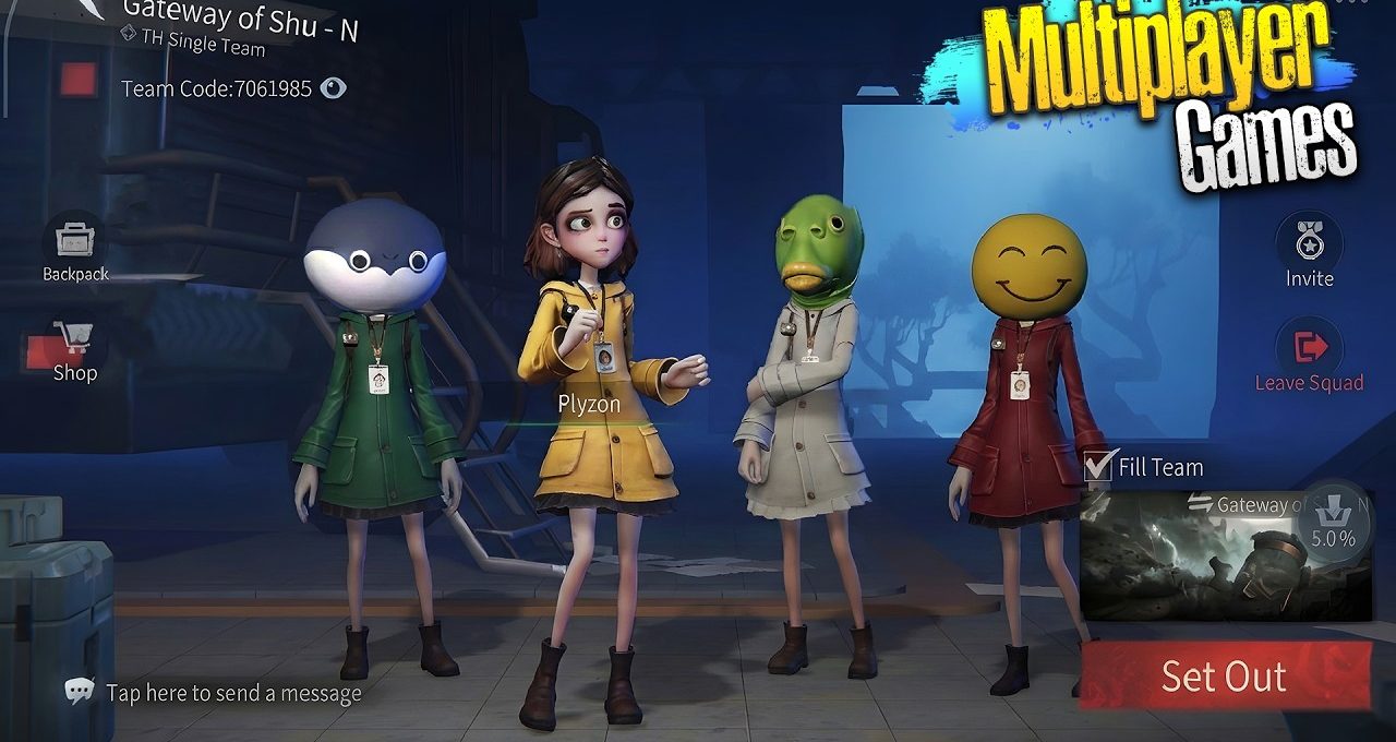 Four game characters in colorful coats standing in a multiplayer lobby ready to start