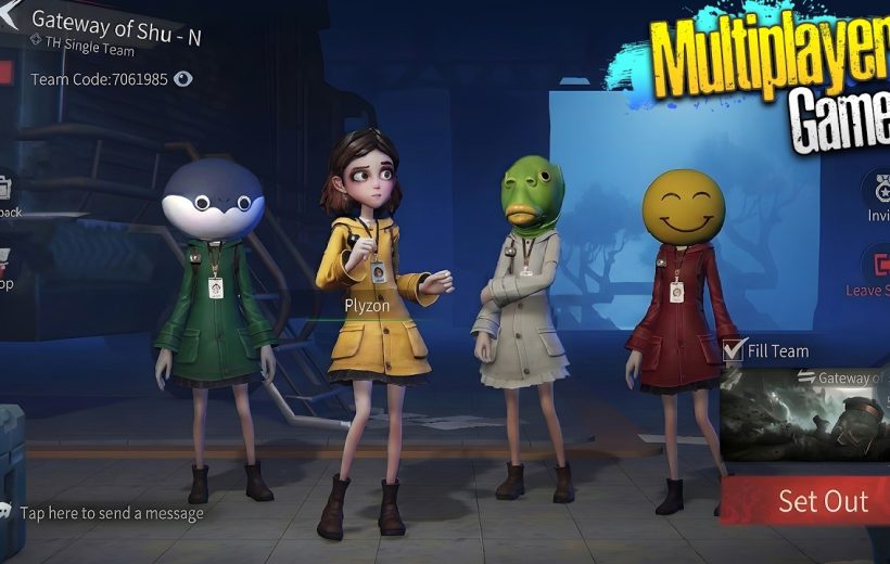 Four game characters in colorful coats standing in a multiplayer lobby ready to start