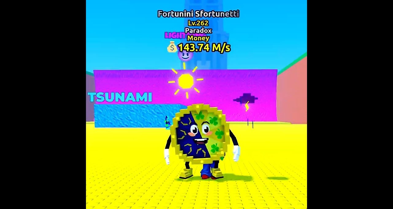 Colorful cartoon coin character standing on yellow platform in a bright game scene