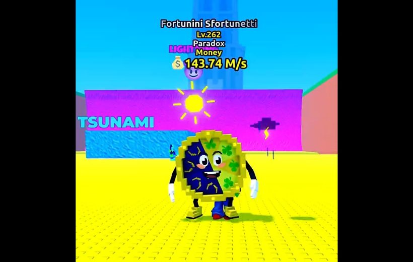 Colorful cartoon coin character standing on yellow platform in a bright game scene