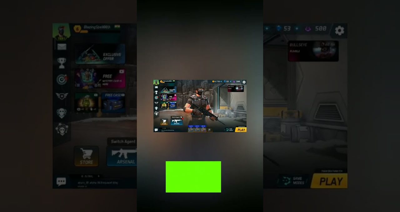 Mobile game menu showing a masked soldier holding a rifle with play button visible