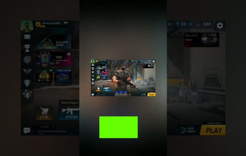 Mobile game menu showing a masked soldier holding a rifle with play button visible