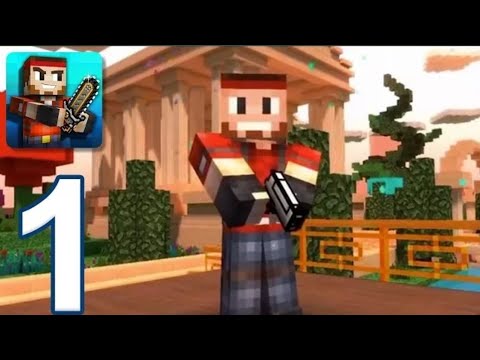 Blocky Minecraft-style character holding a gun in a sunny temple courtyard numbered "1"