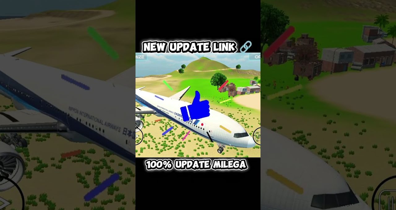Commercial airliner flying low over grassy landscape with village and update banner graphics