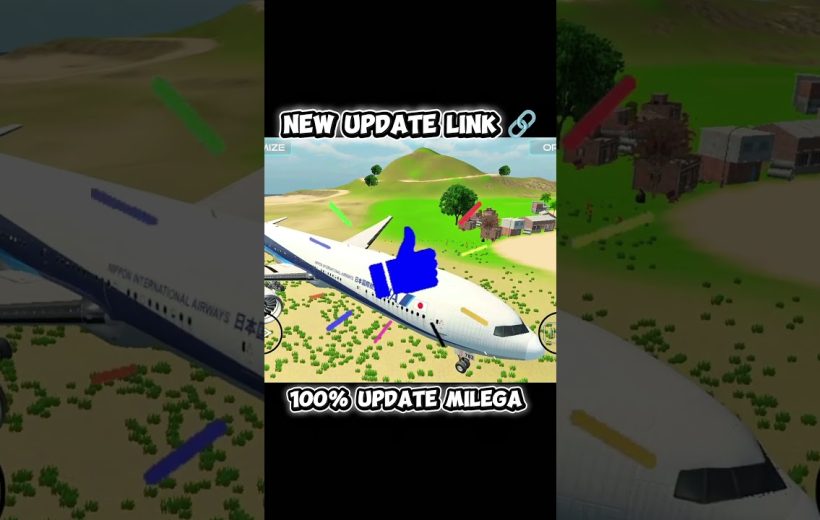 Commercial airliner flying low over grassy landscape with village and update banner graphics