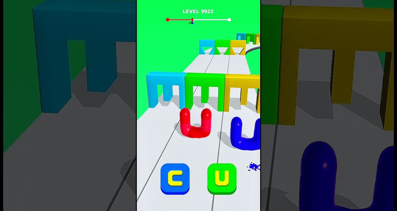 Colorful mobile game level showing red and blue U-shaped characters dodging colored gates.