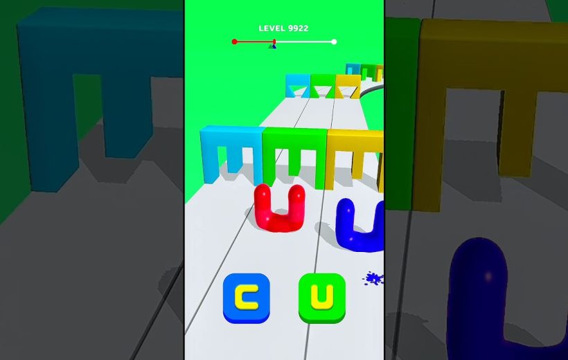 Colorful mobile game level showing red and blue U-shaped characters dodging colored gates.