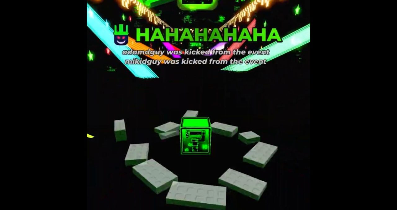 Glowing green question-box surrounded by floating white blocks under neon "HAHAHAHA" text