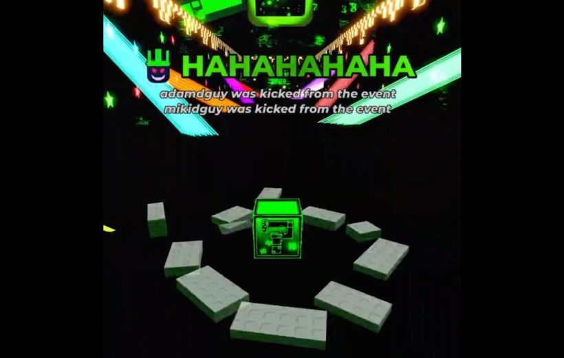 Glowing green question-box surrounded by floating white blocks under neon "HAHAHAHA" text