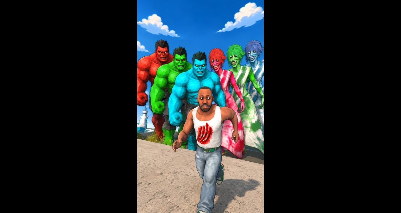 Man running away from six colorful monstrous figures with angry faces under blue sky